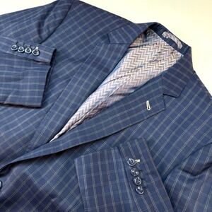 Byron Hong Kong 44R Navy Windowpane Plaid Blazer Saviero Cloth‎